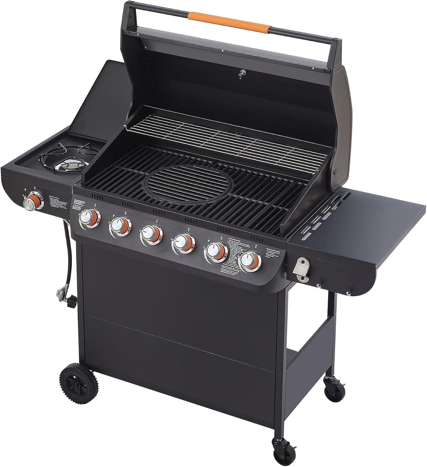 Black 6 Burner Propane Gas BBQ Grill with Side Burner, 72000 BTU Output Stainless Steel Barbecue Grill with Cast Iron Grates and Side Tables for Outdoor Cooking Patio Backyard (6+1 Cast Iron Grate)