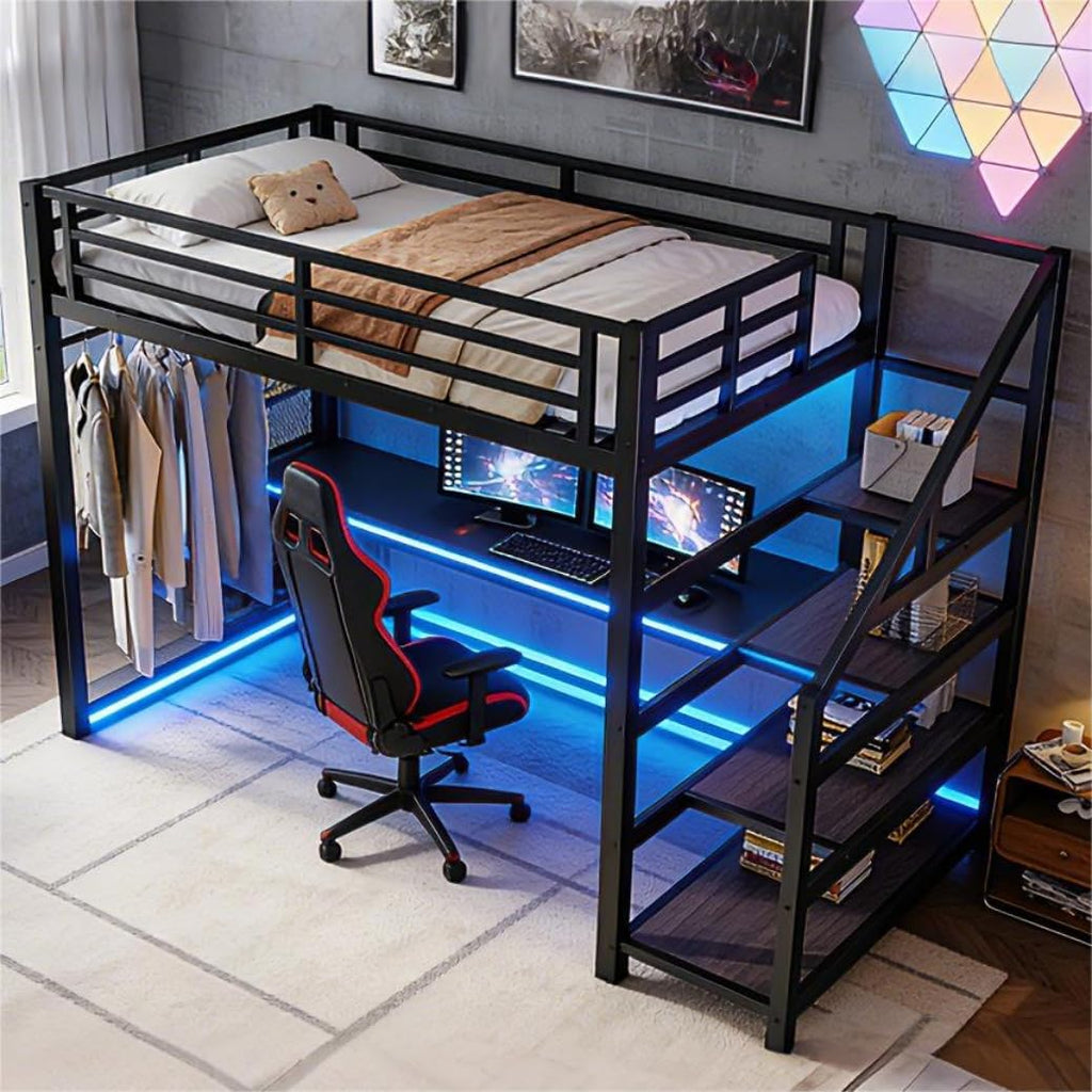 Bellemave Twin XL Loft Bed with Desk & Storage Stairs, Metal Twin XL Loft Bed Frame with Iron Nets, LED Lights & USB Ports, Heavy Duty Adult Loft Beds for Kids, Teens, Adults, Noise-Free, Black