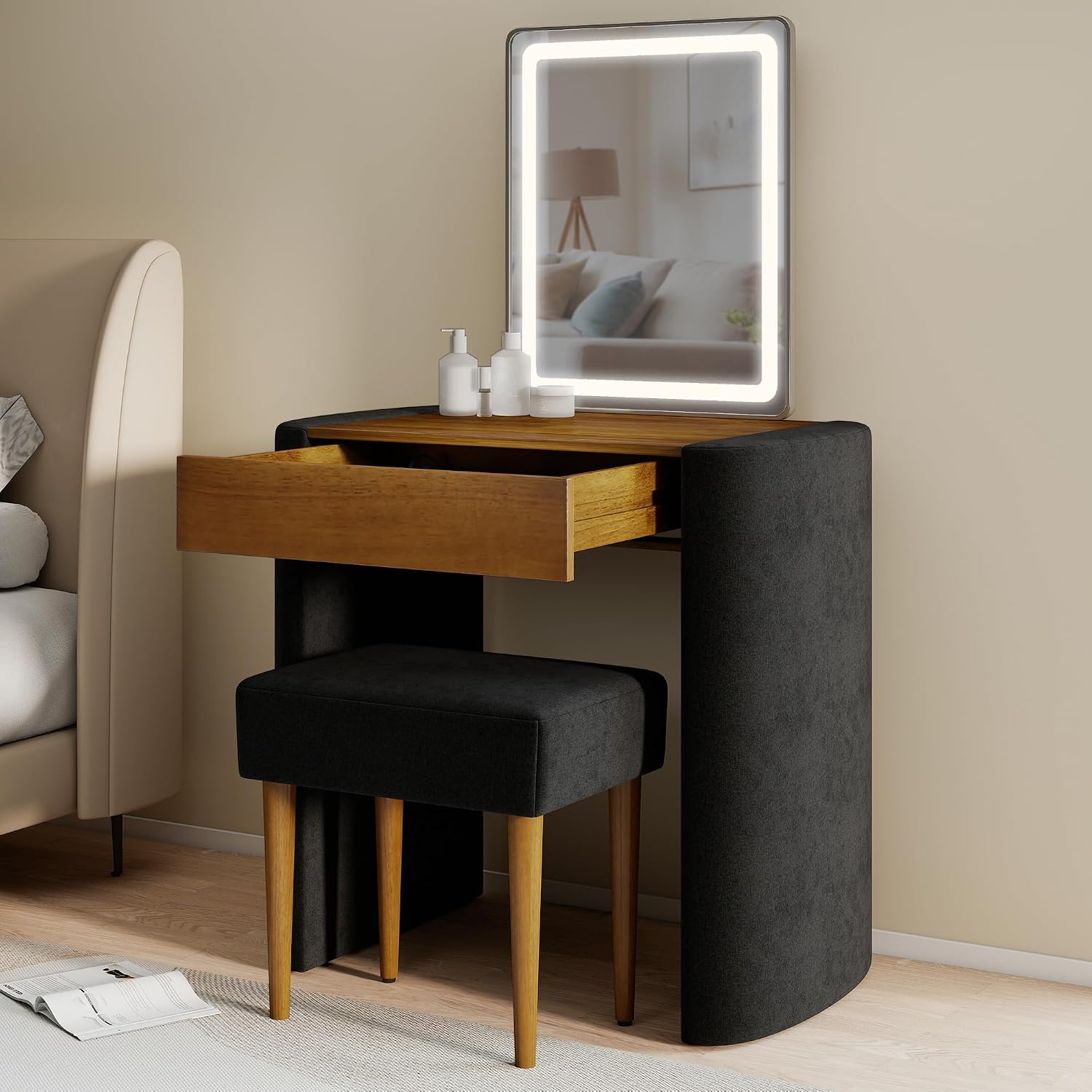 Small Makeup Vanity Desk with Lighted Mirror - Solid Wood Compact Bedroom Make Up Dressing Table with Adjustable Brightness Mirror & Drawer & Chair, Easy Assembly Classic Modern Set, Black