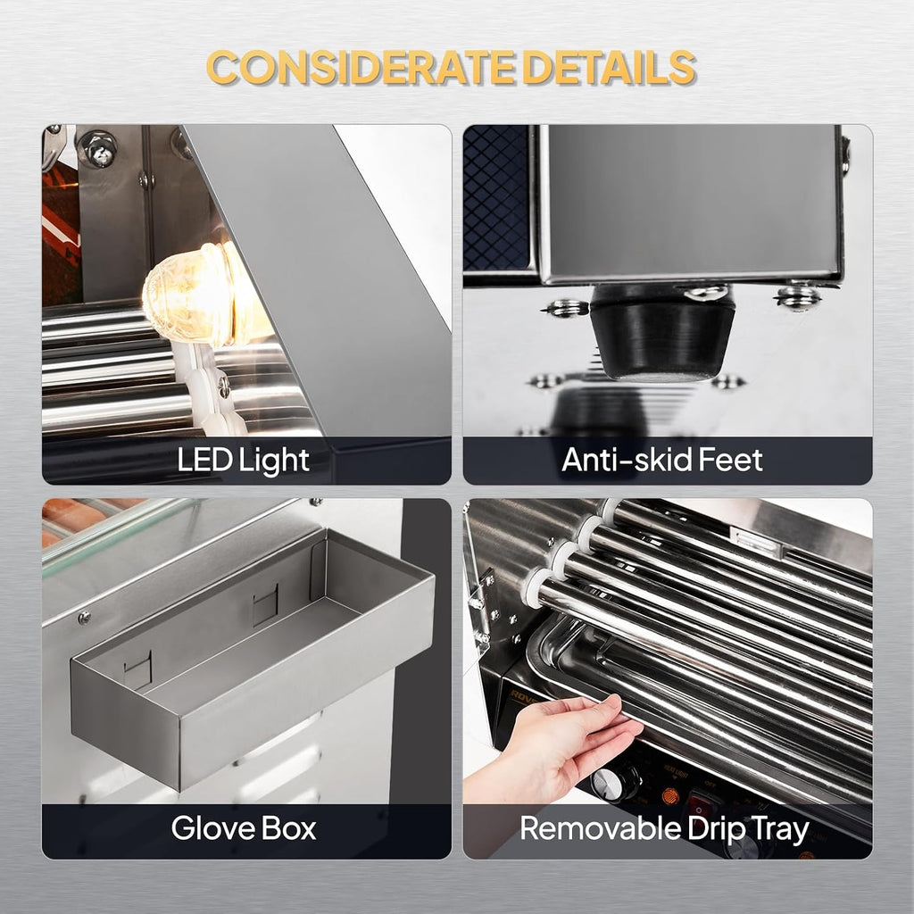 ROVSUN 2 Tier Hot Dog Roller, 36 Hot Dog 7 Rollers ETL Certified, Hot Dog Machine Sausage Grill with Dual Temp Control, Glass Cover, Light, Side Storage Box & Drip Tray for Home Commercial 2100W