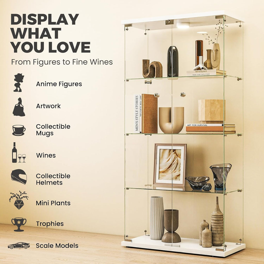 Glass Display Cabinet with LED Lights and Lock, 4-Shelf Tempered Glass Curio Cabinet with 2 Doors, Collectible Display Showcase for Living Room, Bedroom – White