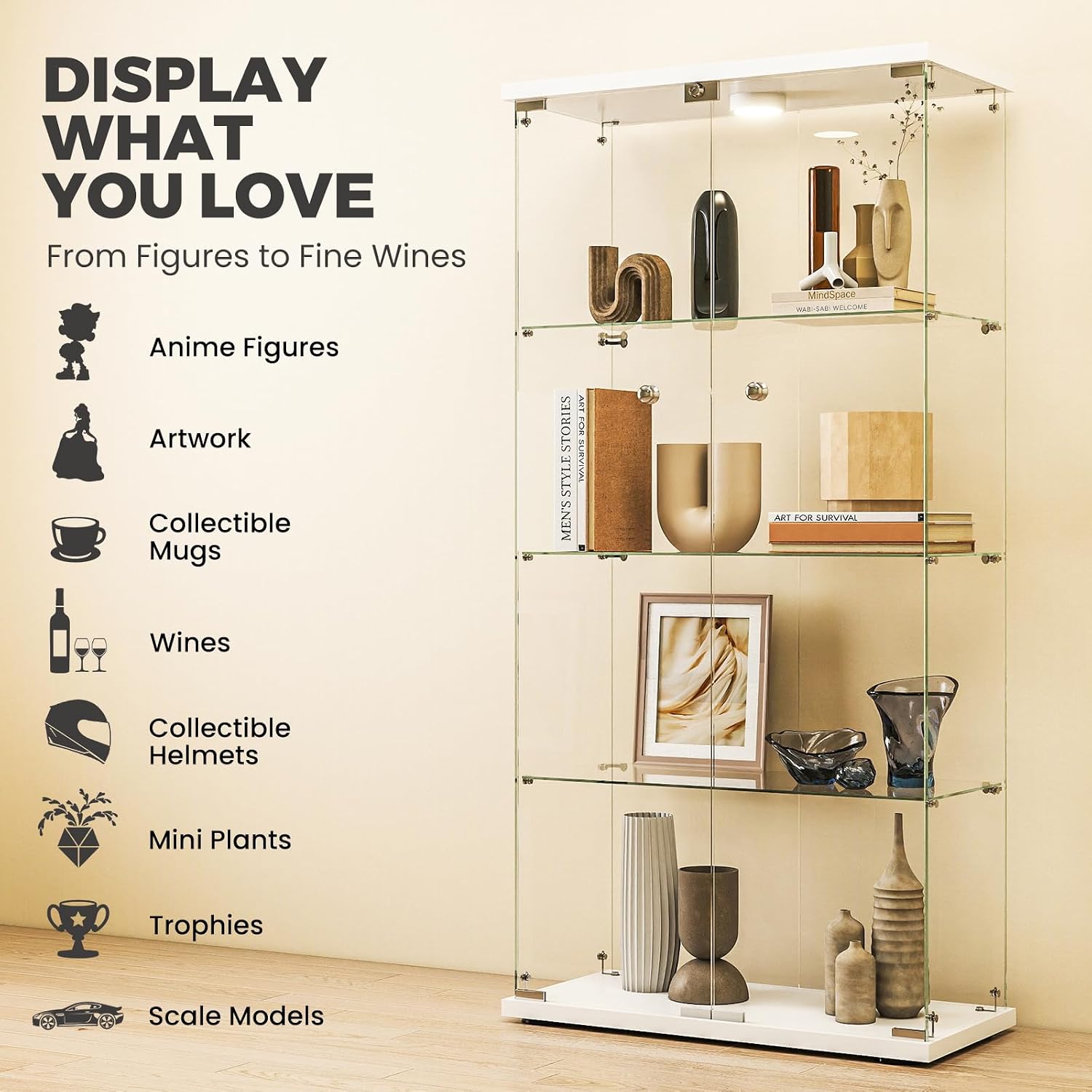 Glass Display Cabinet with LED Lights and Lock, 4-Shelf Tempered Glass Curio Cabinet with 2 Doors, Collectible Display Showcase for Living Room, Bedroom – White