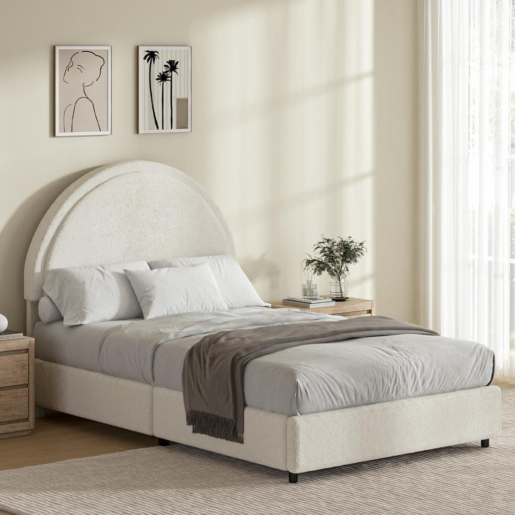 REVOMINCA Twin Size Bed Frame, Boucle Upholstered Platform Bed with Headboard, Cloud Bed Frame with Soft Rounded Corners, No Box Spring Required, Easy Assembly, White
