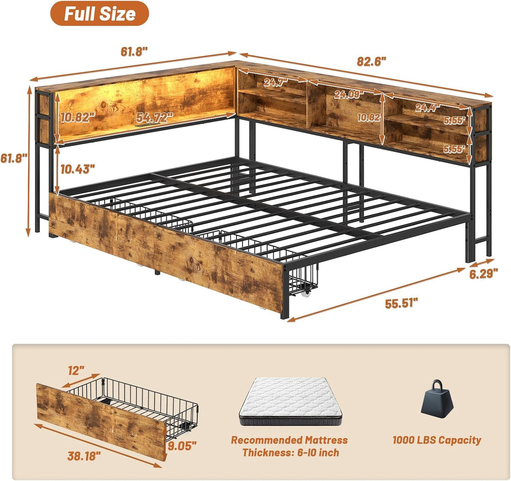 Bellemave Full Corner Bed Frame with Storage, Full Captains Bed with Charging Station, LED Light, Wood Daybeds with L-Shaped Bookcase and 2 Drawers, Brown