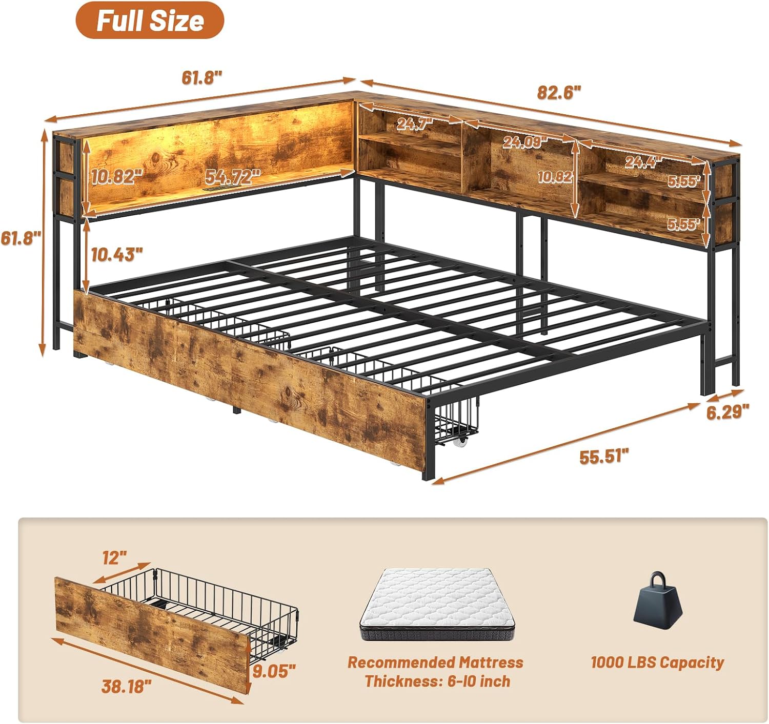 Bellemave Full Corner Bed Frame with Storage, Full Captains Bed with Charging Station, LED Light, Wood Daybeds with L-Shaped Bookcase and 2 Drawers, Brown