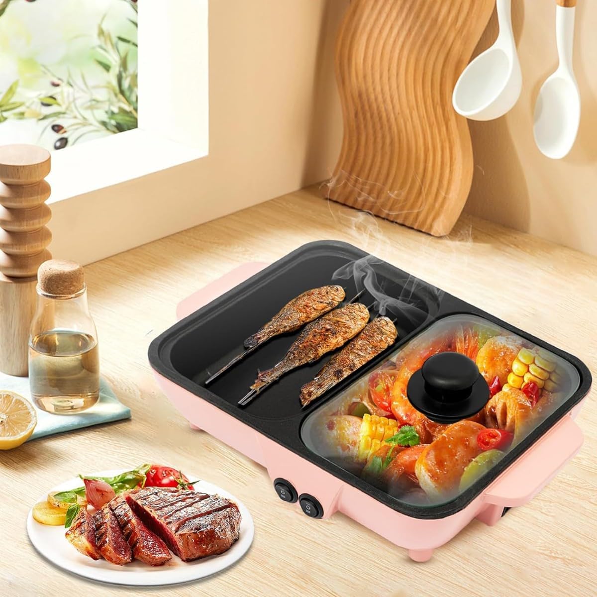 Electric Flat Top Grill, Electric Griddle, Flattop Grills Indoor Safely Washable, Suitable for Frying Grilling Stir Frying(Pink,34.5 * 22 * 8.5)