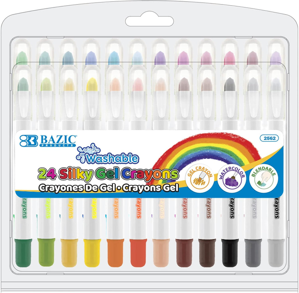 BAZIC PRODUCTS Silky Gel Crayons 24 Color, Washable Blendable Non Toxic Watercolor Crayon for Coloring Book (24/Pack), 12-Packs