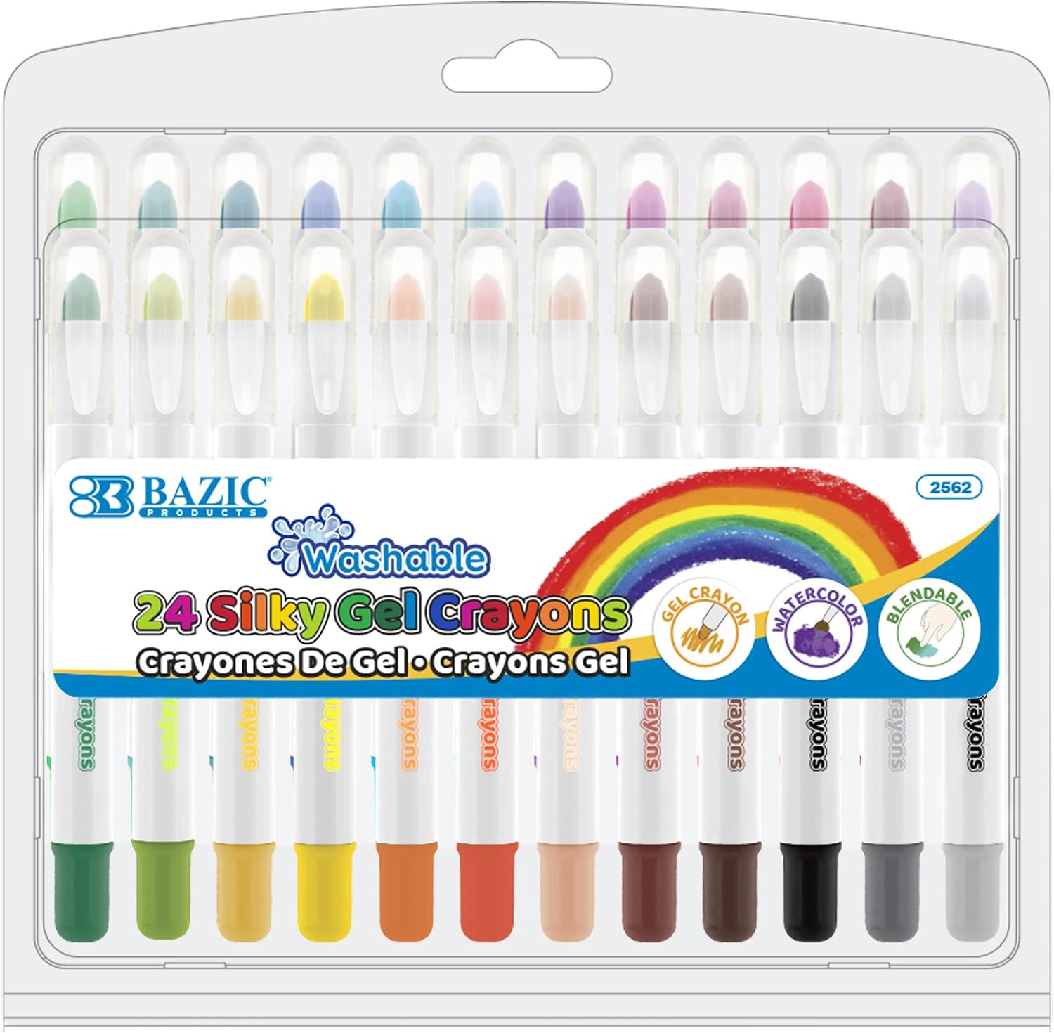 BAZIC PRODUCTS Silky Gel Crayons 24 Color, Washable Blendable Non Toxic Watercolor Crayon for Coloring Book (24/Pack), 12-Packs