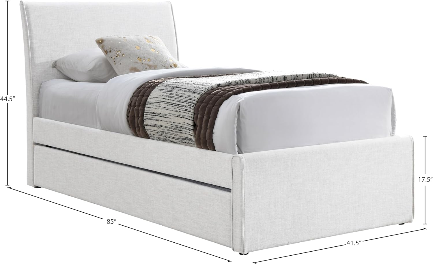 Meridian Furniture B1261Cream-T Myles Collection Modern | Contemporary Twin Trundle Bed with Soft Cream Durable Linen Textured Fabric, 41.5' W x 85' D x 44.5' H, Cream, Twin