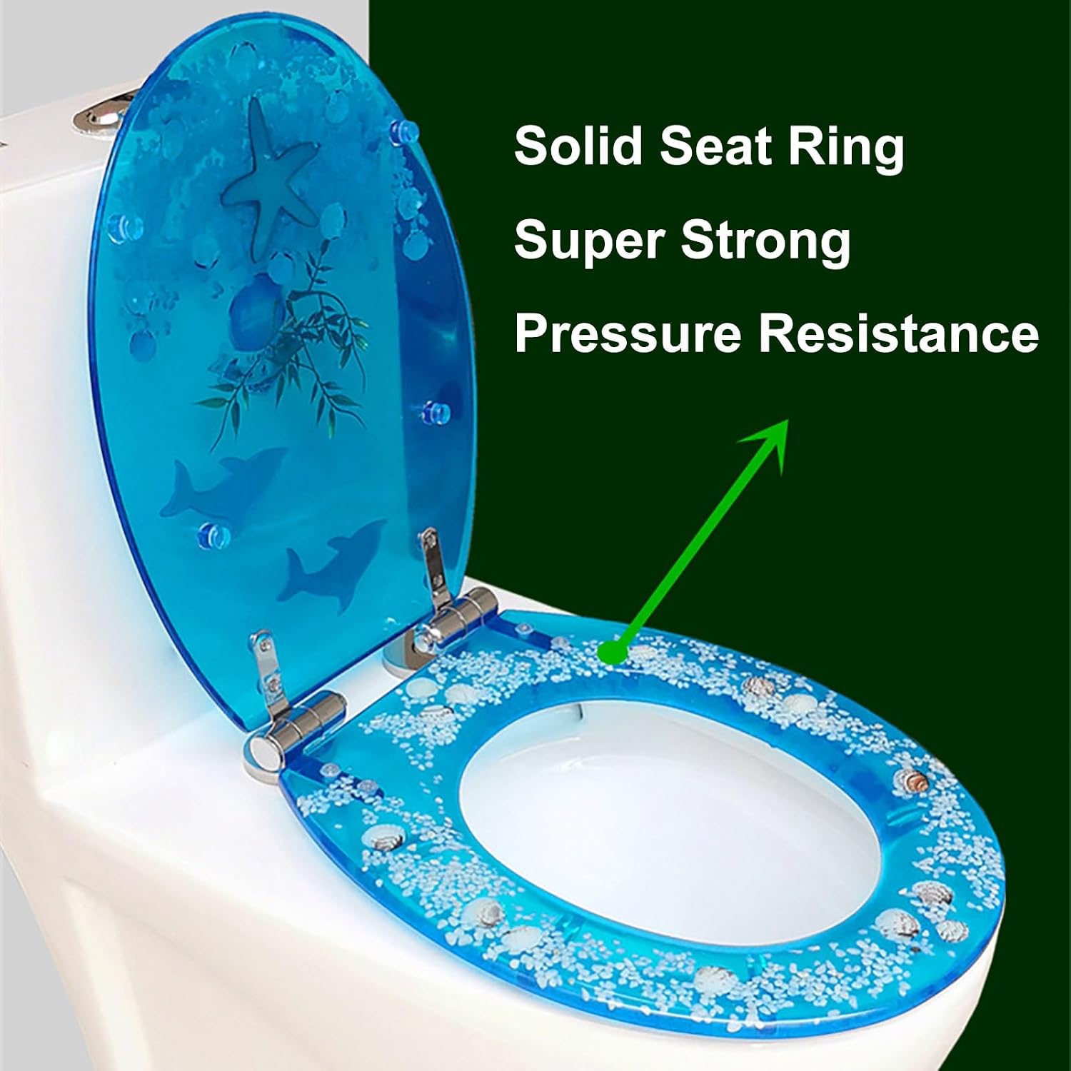 Resin Toilet Seat, Round Seats with Ocean Design, Soft Close and Quick Release Hinges, for Bathroom, Home, and Guest Restroom(Blue5)
