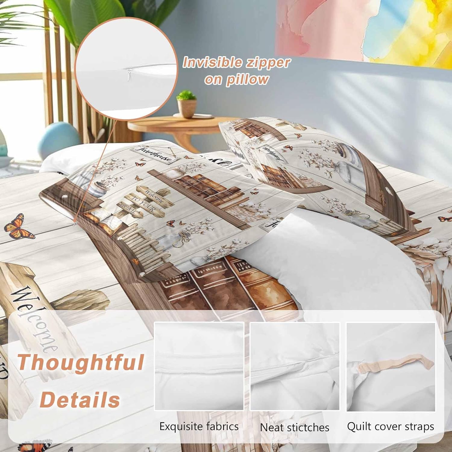 Prime Leader Vintage Duvet Cover Set Queen Size 4 Pieces Welcome to Your Home Farmhouse Cotton Bottle Bedding Set with Zipper Closure, 1 Comforter Cover 92x106 Inches 1 Flat Sheet & 2 Pillow Cases