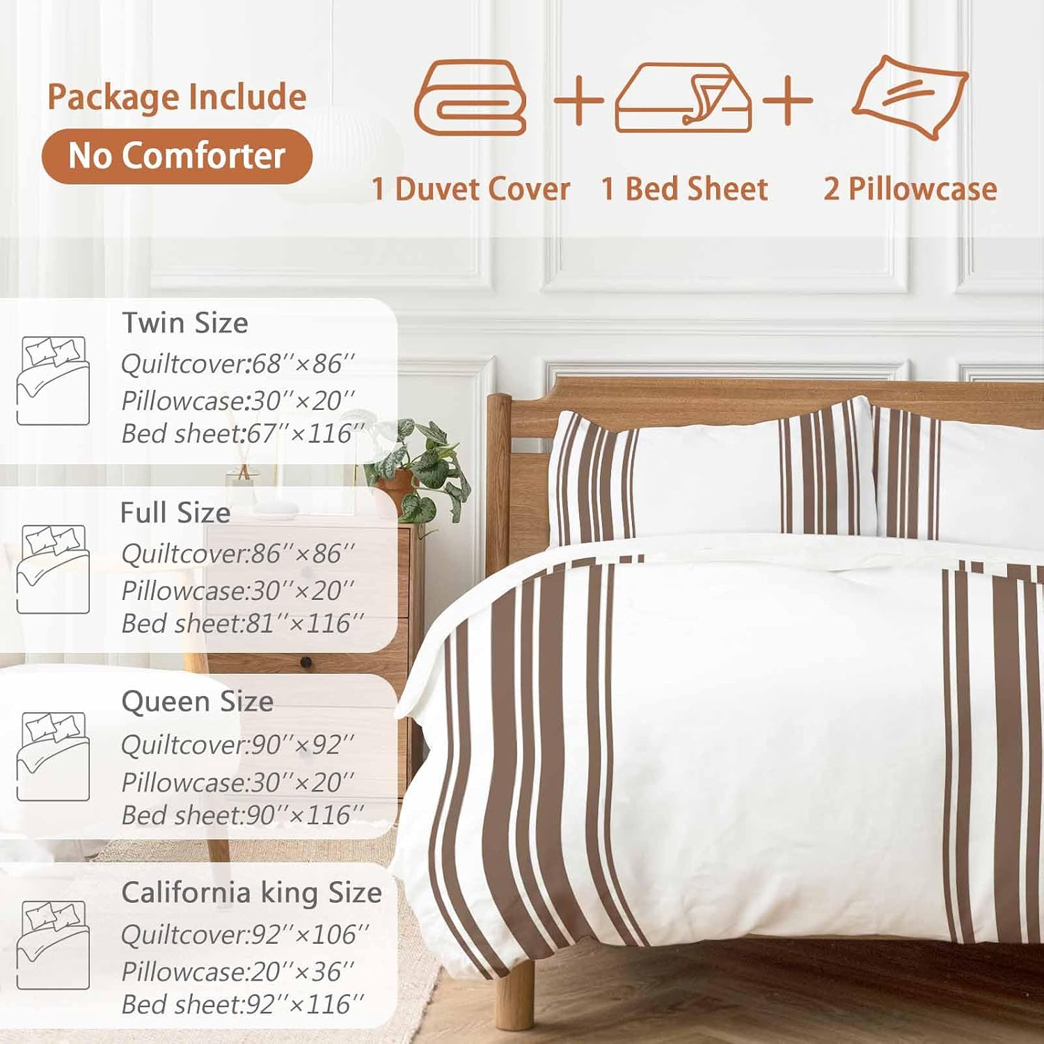 Dark Brown and White Striped Duvet Cover Set Queen Size 4 Pieces Modern Minimalist Vertical Lines Bedding Set with Zipper Closure, 1 Comforter Cover 86x86 Inches 1 Flat Sheet & 2 Pillow Cases