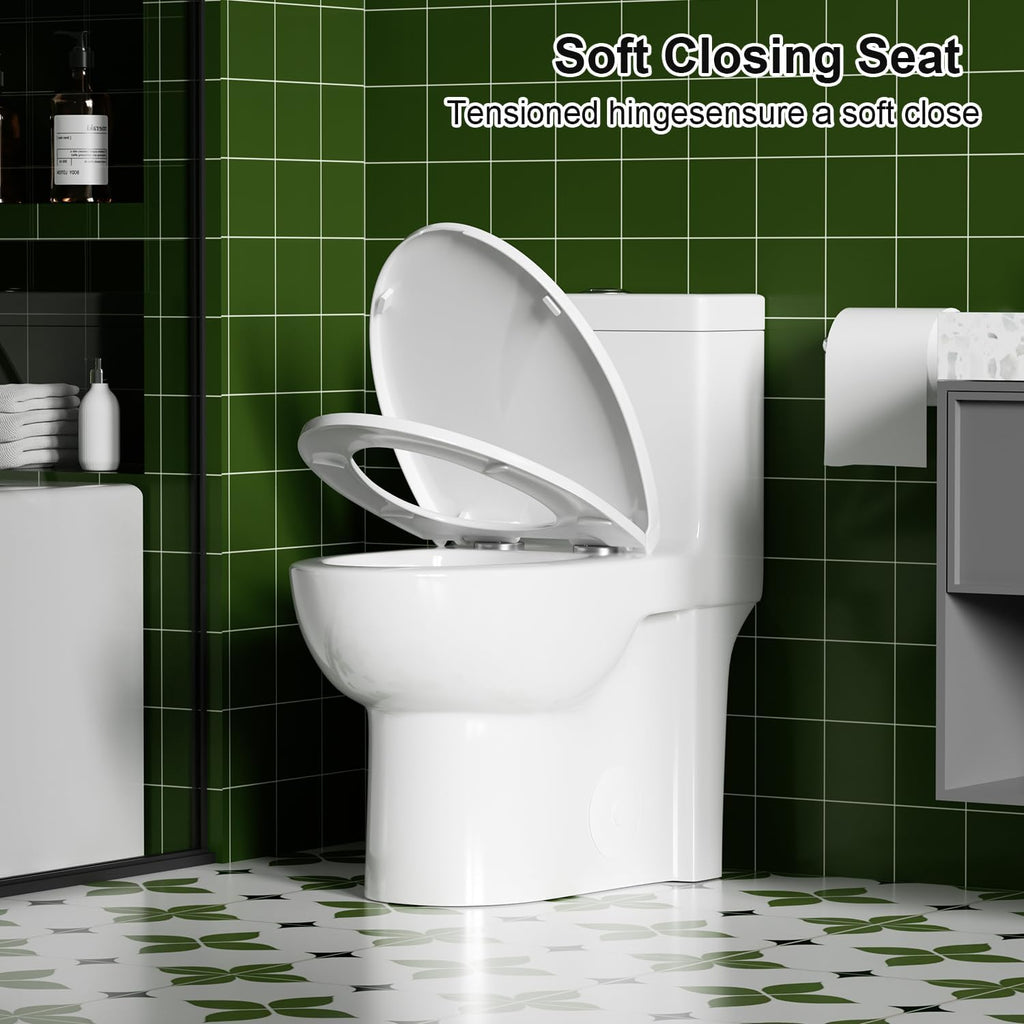 Elongated One Piece Toilet with ADA Comfort Height, Seat Chair Height 17.3' Modern Toilet for Bathroom, Dual Flush 0.8/1.6 GPF, MAP 1000g, 12' Rough-In, Soft Closing Seat, Glossy White