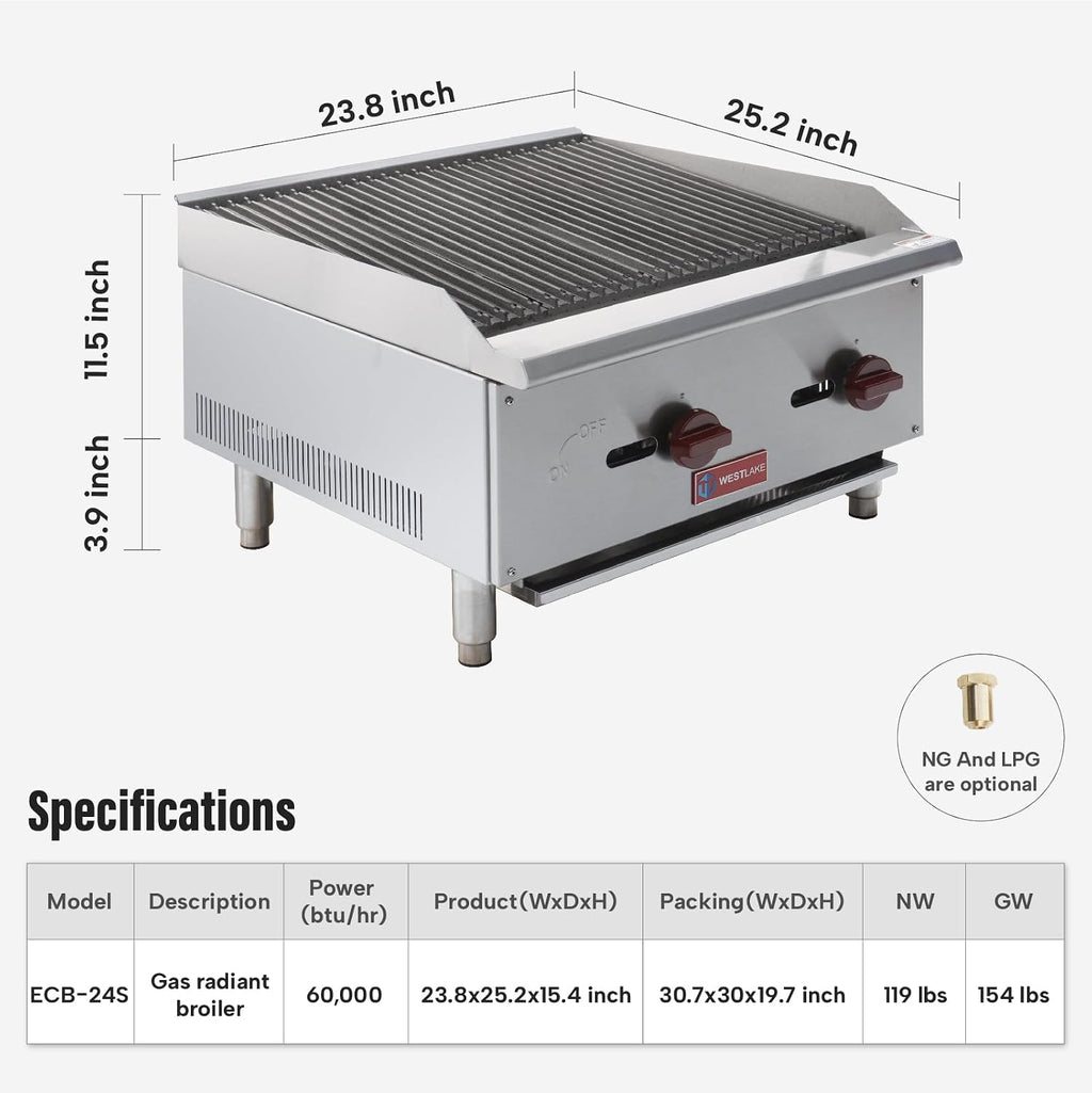 WESTLAKE 24'W Commercial Charbroiler Gas Countertop 2 Burner Natural Gas and Propane 60,000 BTU Char Broiler Stainless Steel BBQ Stove Grill for Restaurants