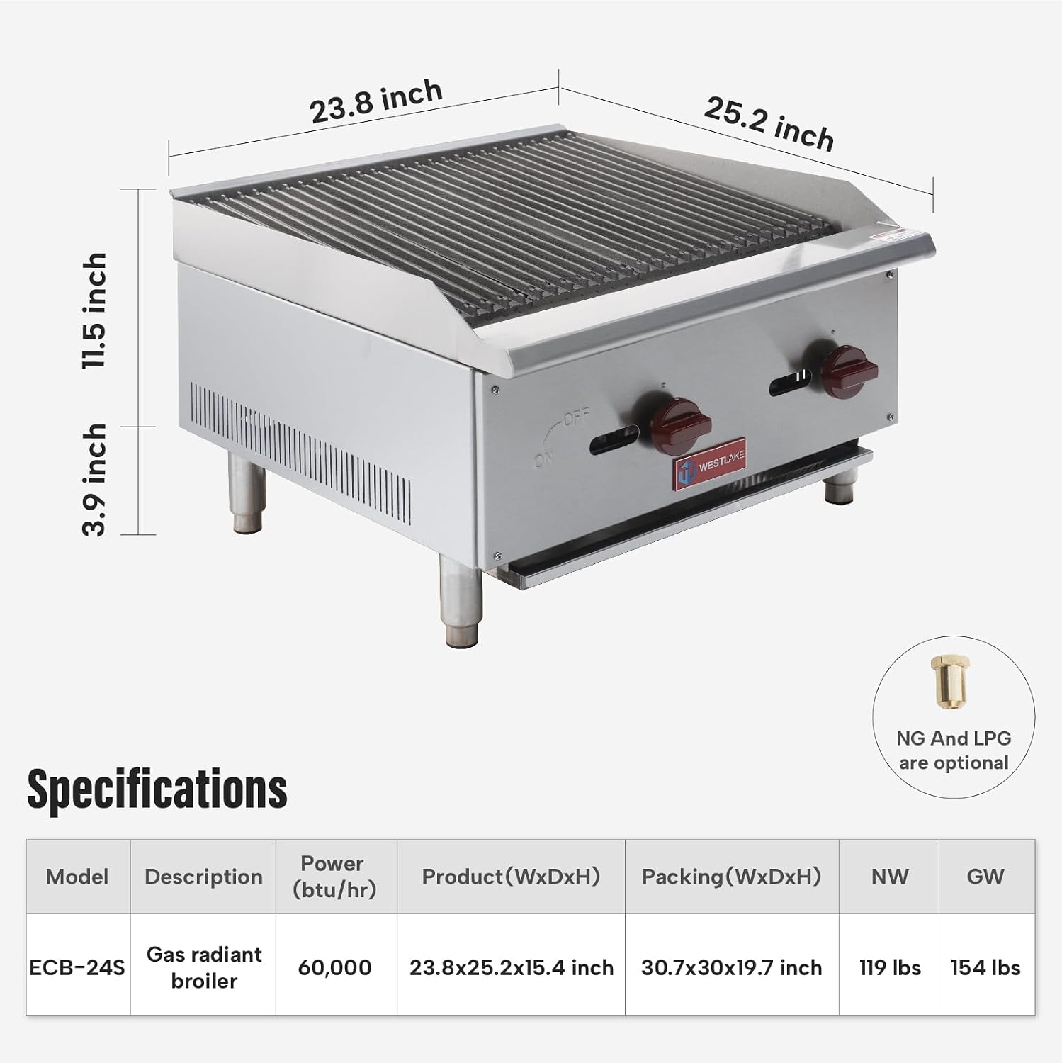 WESTLAKE 24'W Commercial Charbroiler Gas Countertop 2 Burner Natural Gas and Propane 60,000 BTU Char Broiler Stainless Steel BBQ Stove Grill for Restaurants