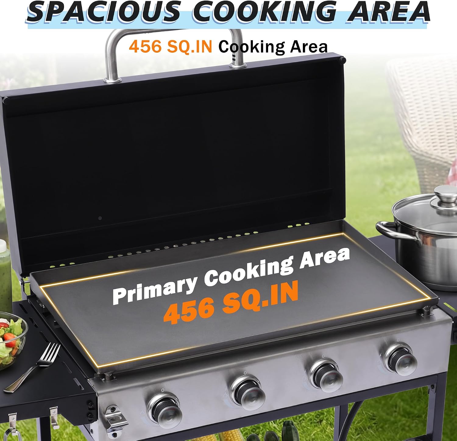 4-Burner Propane Griddle Grill with Removable Cart, 32,000 BTU Portable BBQ Gas Griddle with Iron Griddle Pan & Side Table, Spice Rack, Outdoor Flat Top Grills with Hooks for Backyard