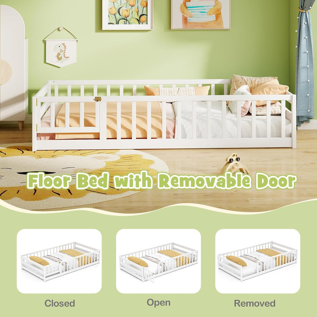 KOMFOTT Twin Size Wood Floor Bed with Door & Fence, Montessori Bed Frame with Full Length Safety Guardrails, Door & Latch, Wooden Montessori Floor Bed for Kids, Girls, Boys (White, Twin)