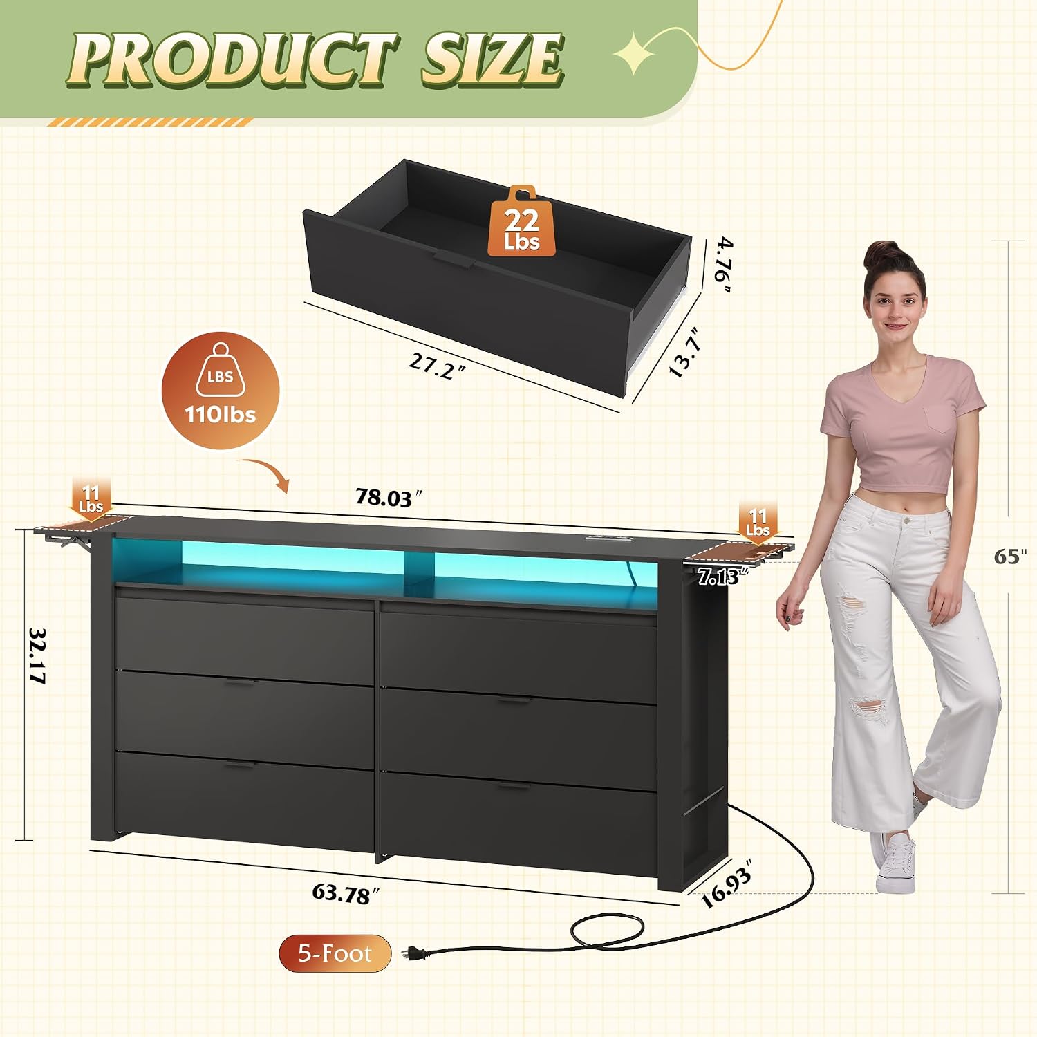 WLIVE 78 Inch LED Dresser for Bedroom, Black Dresser with Charging Station, Large Chest of Drawers Expandable with Flexible Shelves and Hanging Rack, Wood Dressers for Closet, Living Room (85' TV)