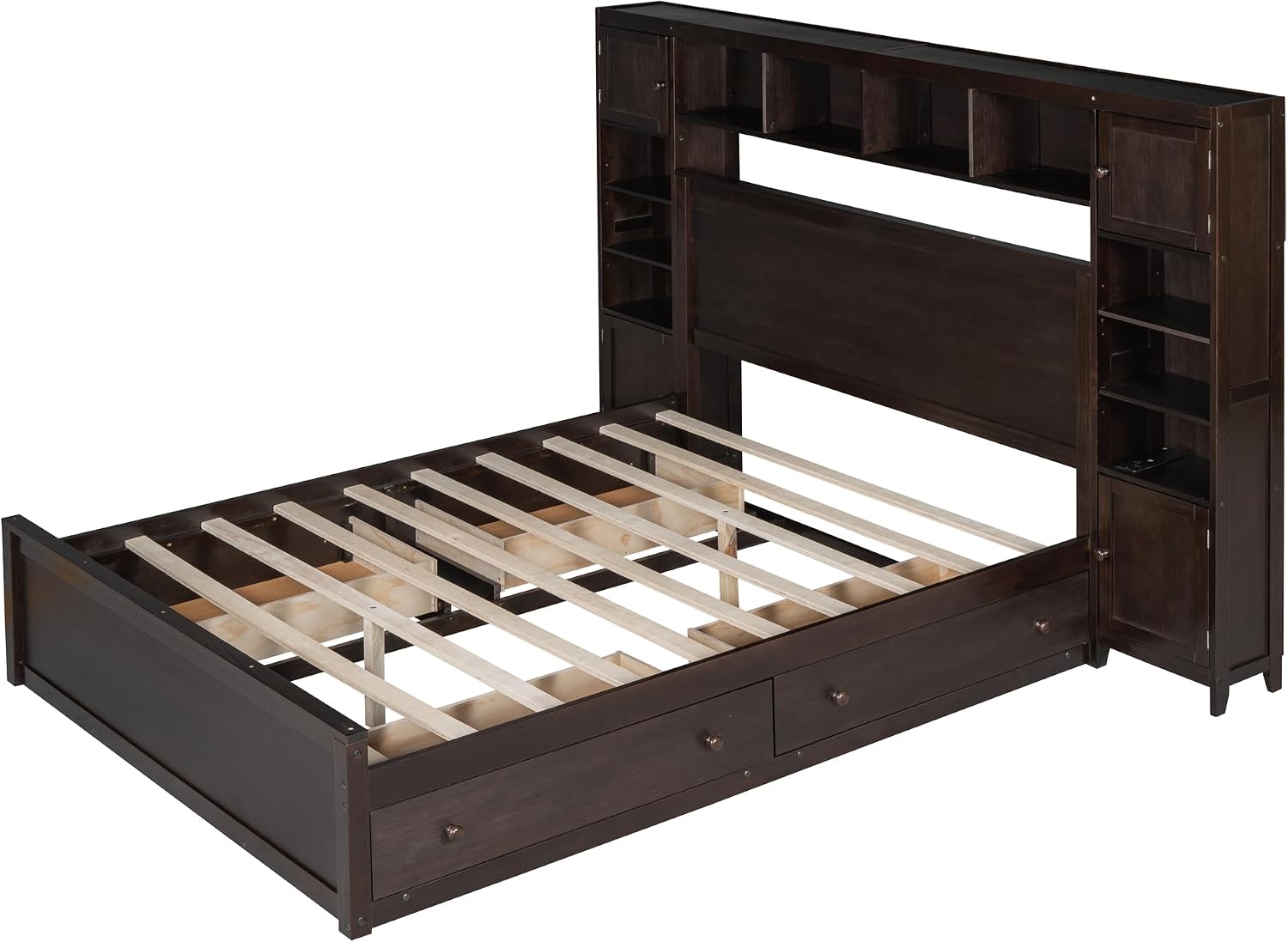 MERITLINE Queen Platform Bed with Storage Headboard,Drawers and Charging Station,Solid Wood Queen Bed Frame with Storage Cabinet and Shelves for Adults (Espresso)
