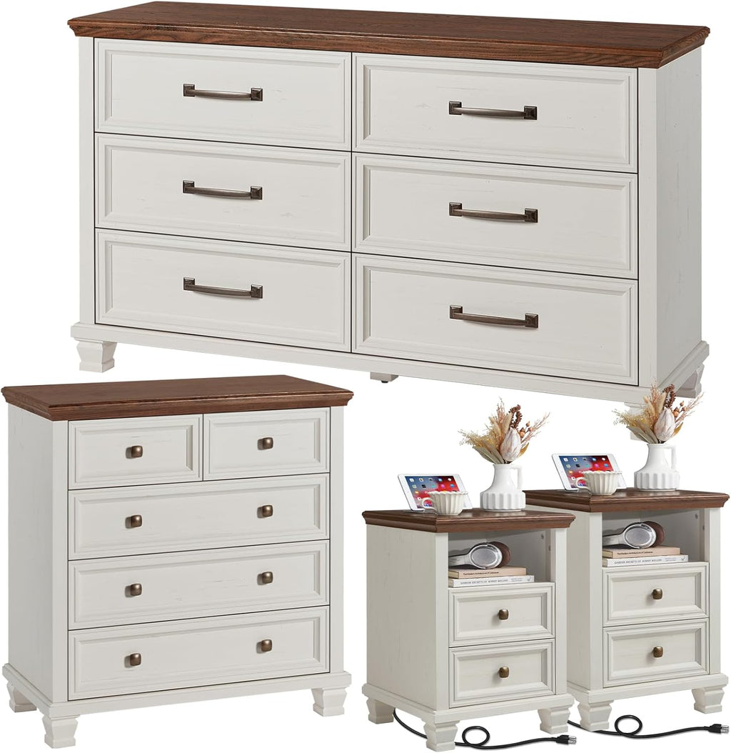 SAVOR LIFE Farmhouse Dresser and Nightstand Sets of 4 Piece, 5/6 Drawer Dresser and 2 Drawer Nightstand Set, Rustic Wood Bedroom Furniture Set for Home, Hallway,White