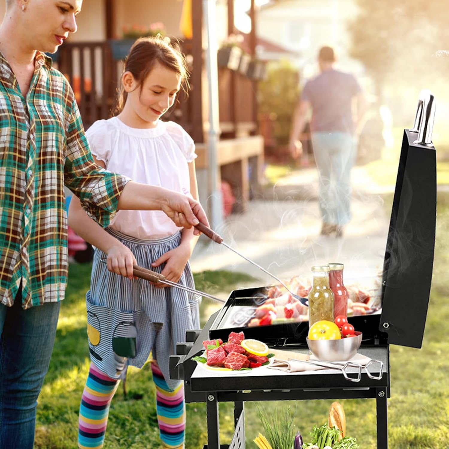 3 Burner Gas Griddle Cooking Station Cart with Side Shelves and Spice Rack, 30,000 BTU Propane Griddle, Non Stick Ceramic Coated Flat Top Portable Grill for Outdoor Barbecue and Backyard Cookout Black