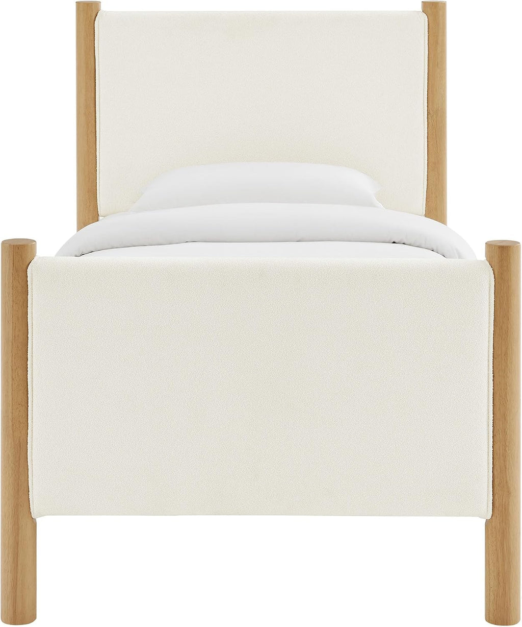 Modway Maven Twin Size Bed Frame in Feather Oak with Upholstered Boucle Headboard and Footboard – Wood Twin Platform Bed Frame – No Box Spring Needed