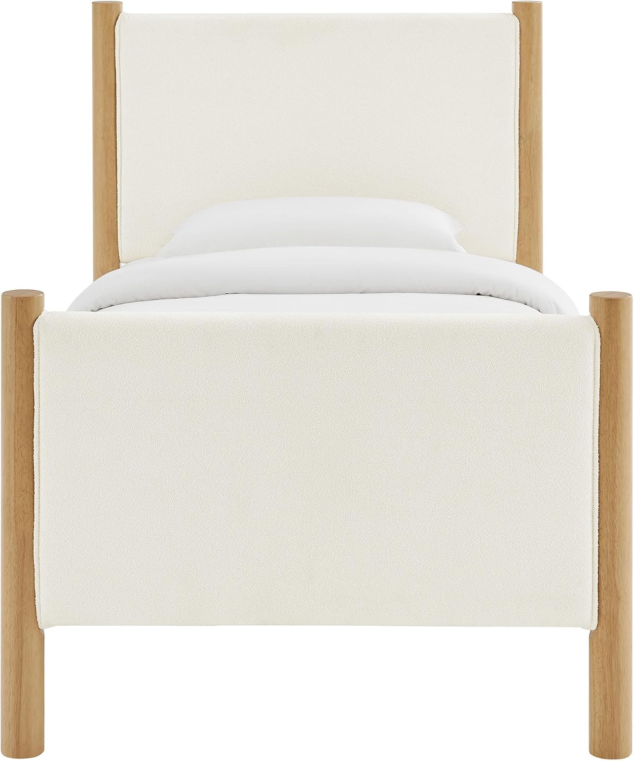Modway Maven Twin Size Bed Frame in Feather Oak with Upholstered Boucle Headboard and Footboard – Wood Twin Platform Bed Frame – No Box Spring Needed