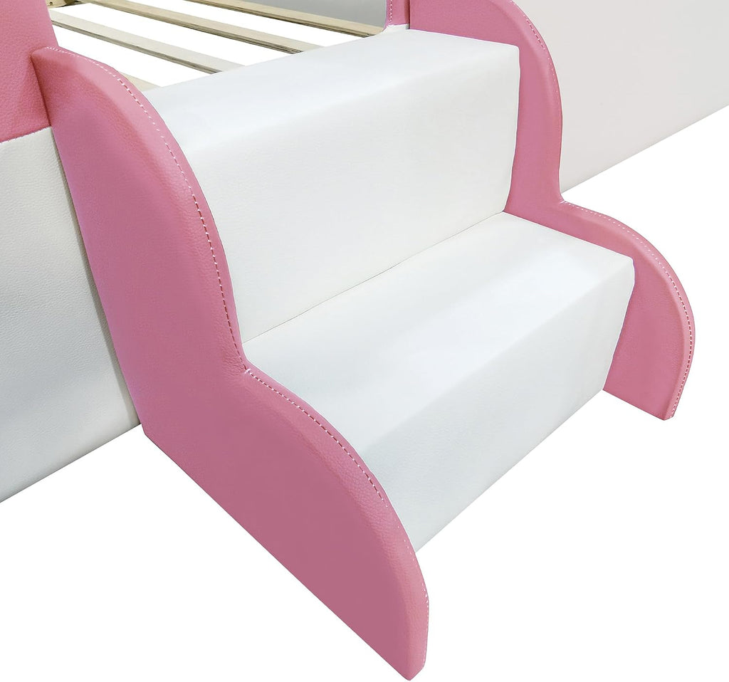 VilroCaz King Size Upholstered Daybed Frame with Fence and Stairs, Montessori Kids Floor Bed with Sturdy Slat Support for Kids Boys Girls