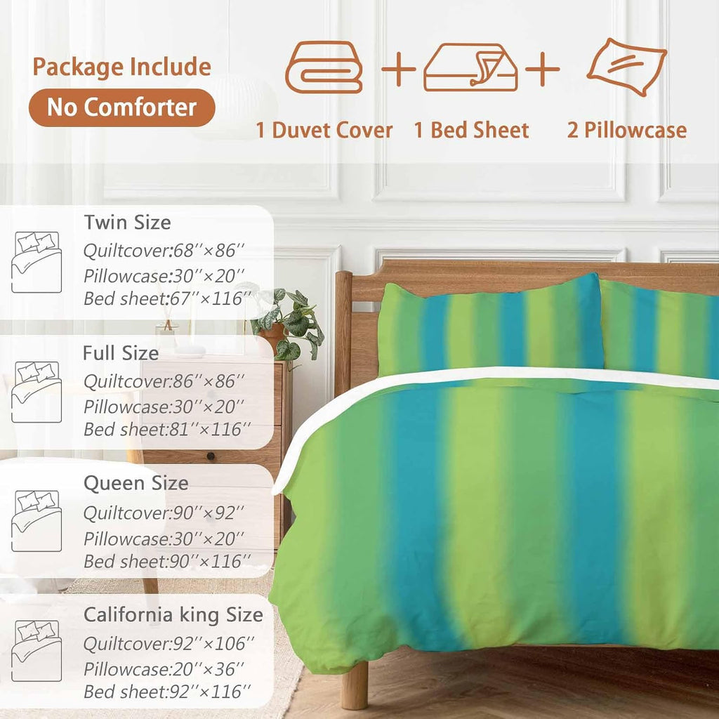 Green Blue Gradient Duvet Cover Set Queen Size 4 Pieces Color Striped Ombre Modern Minimalist Art Bedding Set with Zipper Closure, 1 Comforter Cover 90x92 Inches 1 Flat Sheet & 2 Pillow Cases