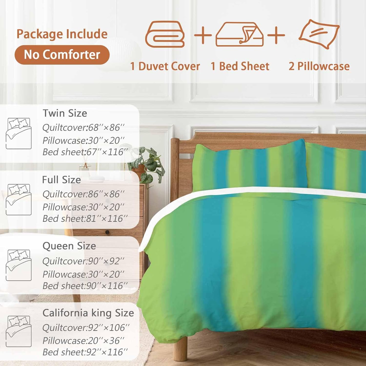 Green Blue Gradient Duvet Cover Set Queen Size 4 Pieces Color Striped Ombre Modern Minimalist Art Bedding Set with Zipper Closure, 1 Comforter Cover 90x92 Inches 1 Flat Sheet & 2 Pillow Cases