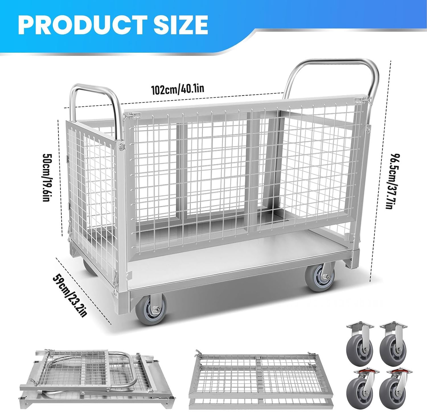 4IN1 Platform Truck Cart with Cage, 2200lbs Loading Platform Truck with 360° Casters, Heavy Duty Steel Flatbed Cart 40.1'*23.2'*19.6', Multi-Functional Push Dolly for Apartment, Workshop, Storage