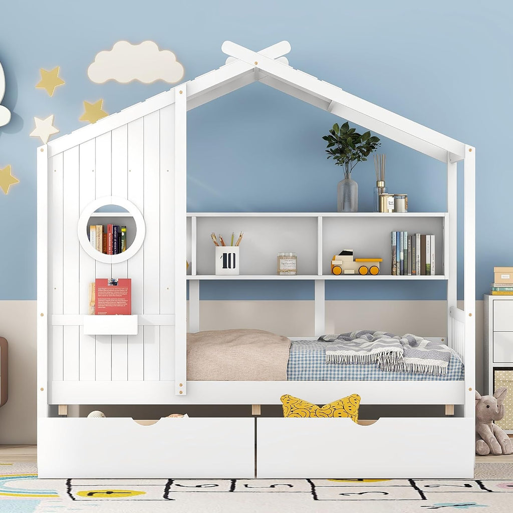 MERITLINE Twin Size Kids House Bed with 2 Drawers and Storage Shelf, Wooden Kids Montessori Bed Frame (White)