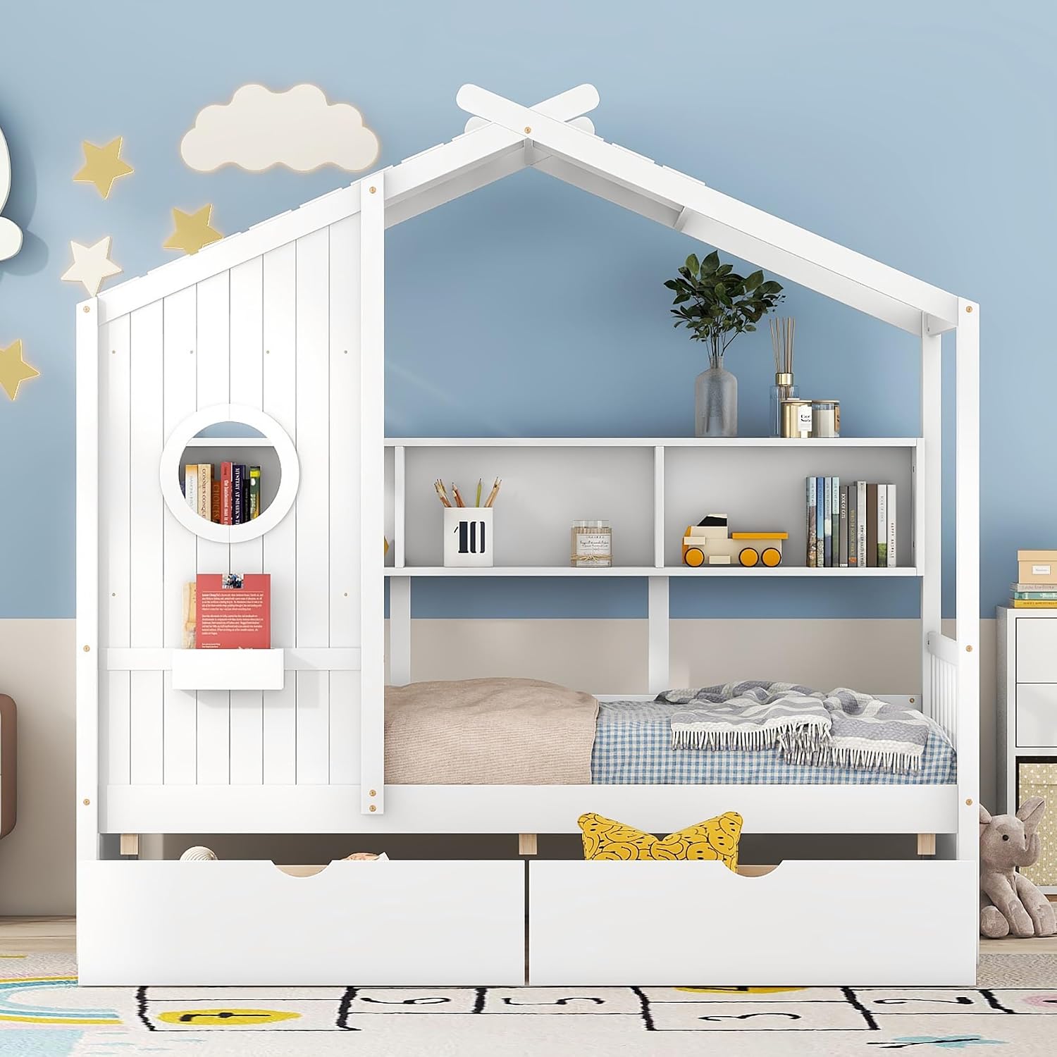 MERITLINE Twin Size Kids House Bed with 2 Drawers and Storage Shelf, Wooden Kids Montessori Bed Frame (White)
