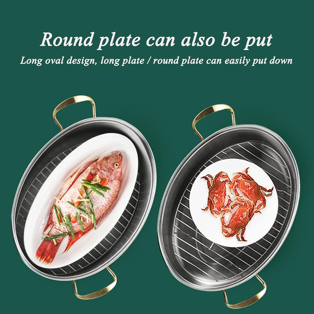 Roasting Pan, Stainless Steel Fish Steamer Elliptical Roasting Pan Multi-Use Oval Pasta Pot Braiser Stockpot with Rack, Induction Compatible Dishwasher/Oven Safe Turkey Roaster(Single Layer)