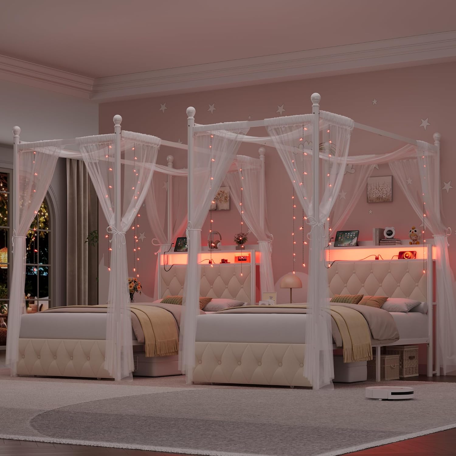HIFIT Kids Twin Upholstered LED Canopy Bed Frame with Storage and Charging Station, Button Tufted Storage Headboard with Bookshelf, Two-Use Girls Metal Platform Bed, 4 Removable Post & 2 Drawer, Beige