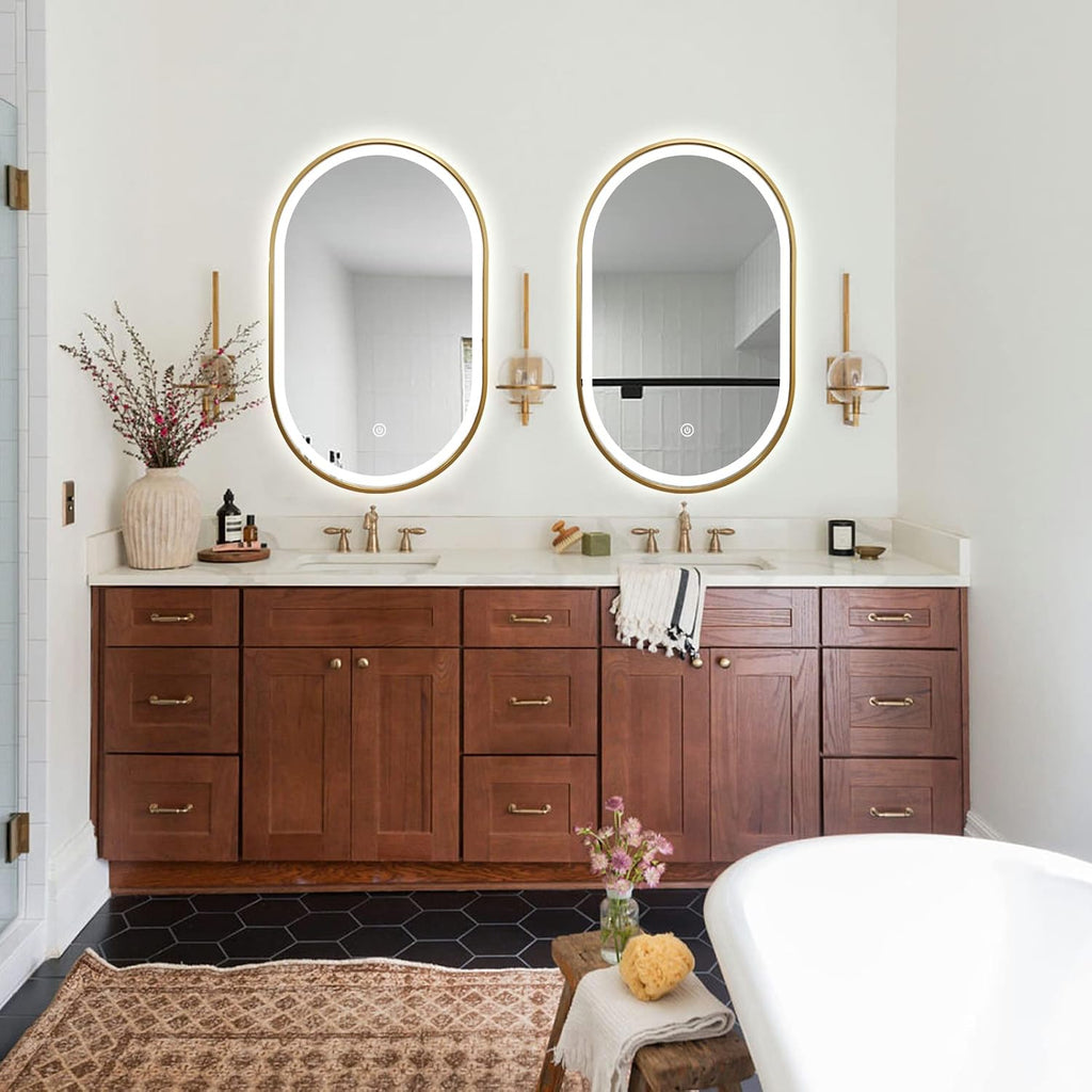 Oval LED Bathroom Mirror, 32'x20' Backlit Vanity Mirror with Light for Wall with Gold Frame, Anti-Fog, Dimmable, Frontlit, 3 Colors, Memory Function, IP65 Waterproof, UL Listed, Horizontal/Vertical