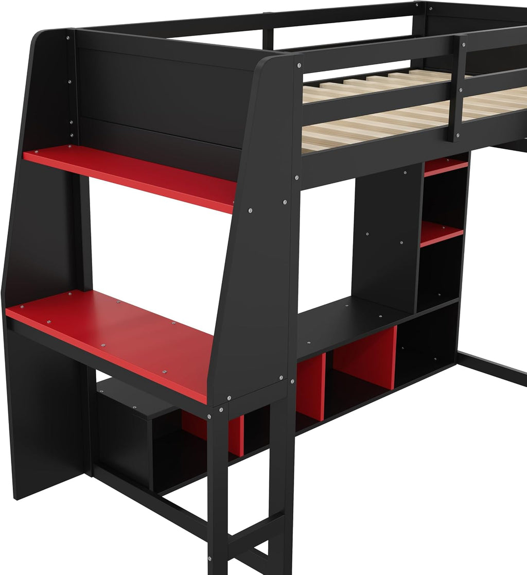 MERITLINE Full Gaming Loft Bed with Desk and Storage,TV Stand & LED RGB, Solid Wood Gaming Bed with Storage Shelves,TV Cabinet and Clothes Rack, for Adults Teens