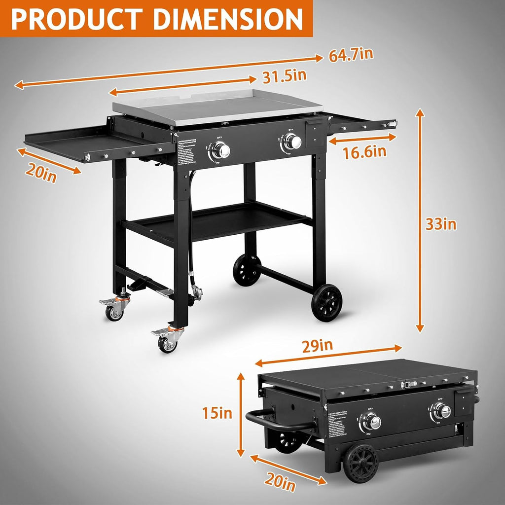 Foldable Flat Top Grill, Portable Outdoor Propane Griddle with 2 Foldable Shelves, 30000/45000/60000 BTU Gas Grill Griddle Cooking Station for BBQ & Outdoor Cooking, Black(2 Burner)