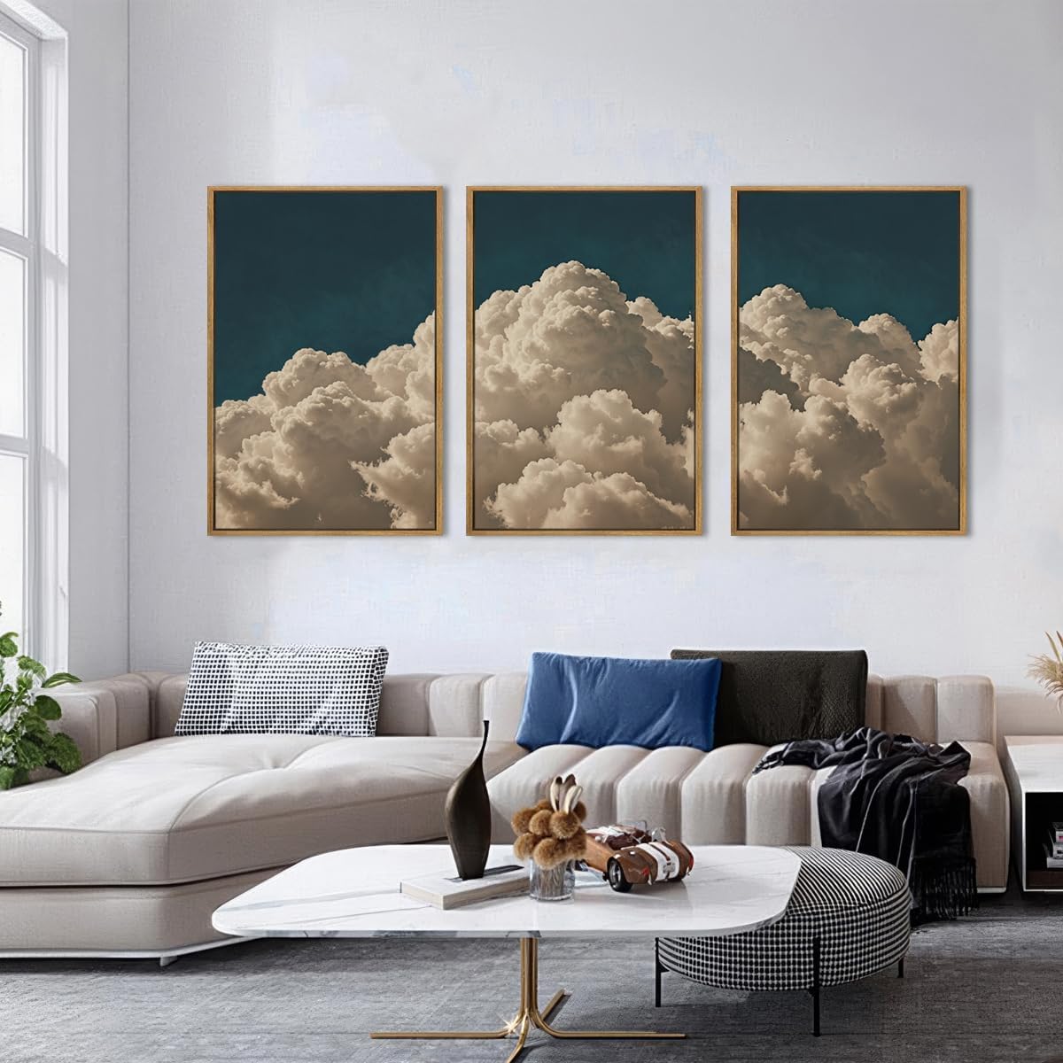 IARTTOP Extra Large Navy Blue Cloud Wall Art 24x36 Inch Framed Abstract Modern Landscape Canvas Wall Decor Minimalist Sky Painting Set of 3 for Bedroom Living room Office