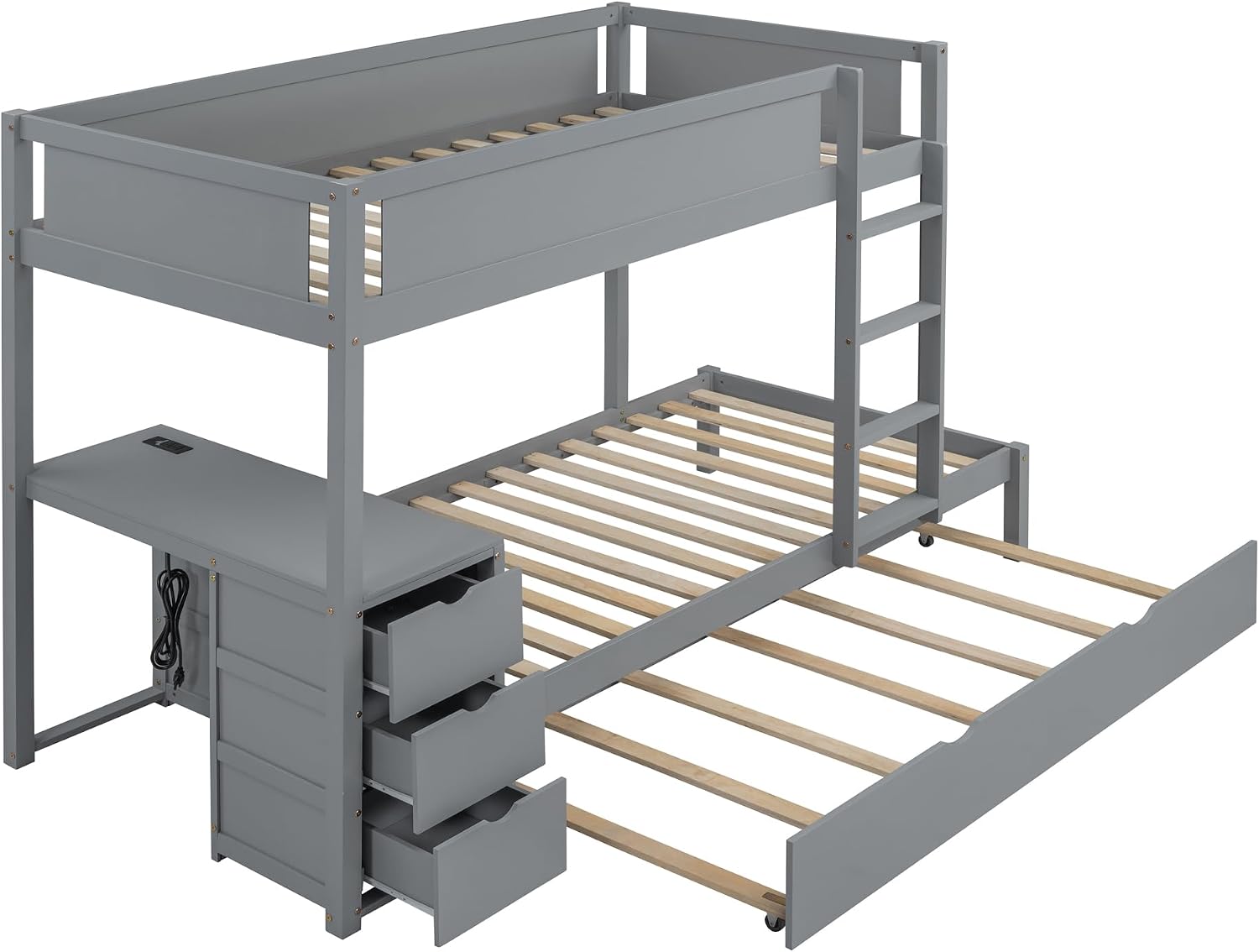 Ball & Cast Twin-Over-Twin Bunk Bed with Twin Size Trundle,Solid Wood Bedframe W/Desk & Drawers,USB,Space Saving,Easy Assembly,Multifunctional Bedroom Furniture Set for Boys Girls Teens,Gray