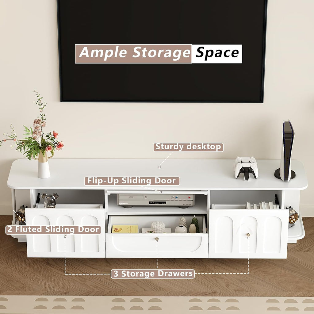 White Tv Stand for Living Room, 70in Media Console with Storage & 3 Drawers & 2 Open Shelves with Sliding Doors, Modern Entertainment Center with Cable Management for Bedroom