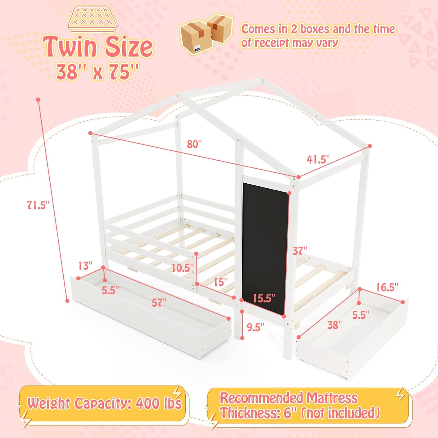 Giantex Twin Bed with 2 Storage Drawers, Solid Wood House Bed with Blackboard & Safety Guardrails, Twin House Bed w/Slats Support, No Box Spring Needed, Twin Bed Frames for Kids Girls Boys (White)