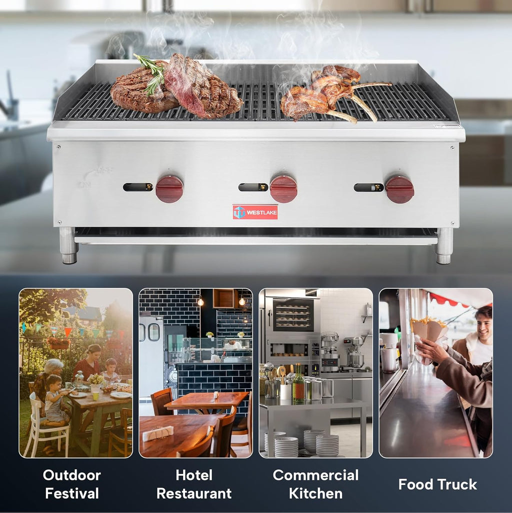 WESTLAKE 36'W Commercial Charbroiler Gas Countertop 3 Burner Natural Gas and Propane 90,000 BTU Char Broiler Stainless Steel BBQ Stove Grill for Restaurants