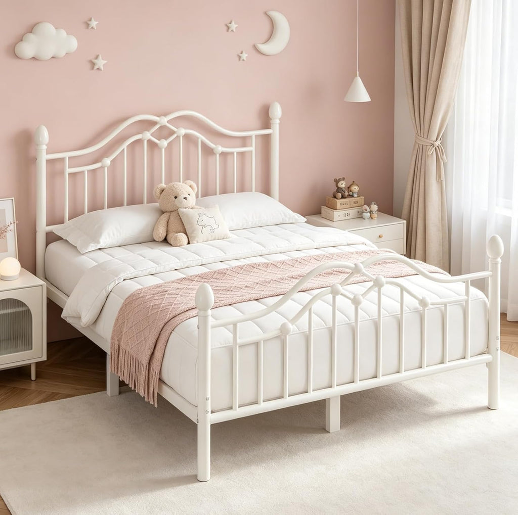 LOEWAY Full Metal Bed Frame with Classical Headboard and Footboard, Platform Bed Frame with Sturdy Metal Slats Support, Adequate Under Bed Storage, No Box Spring Needed, Easy Assembly, White