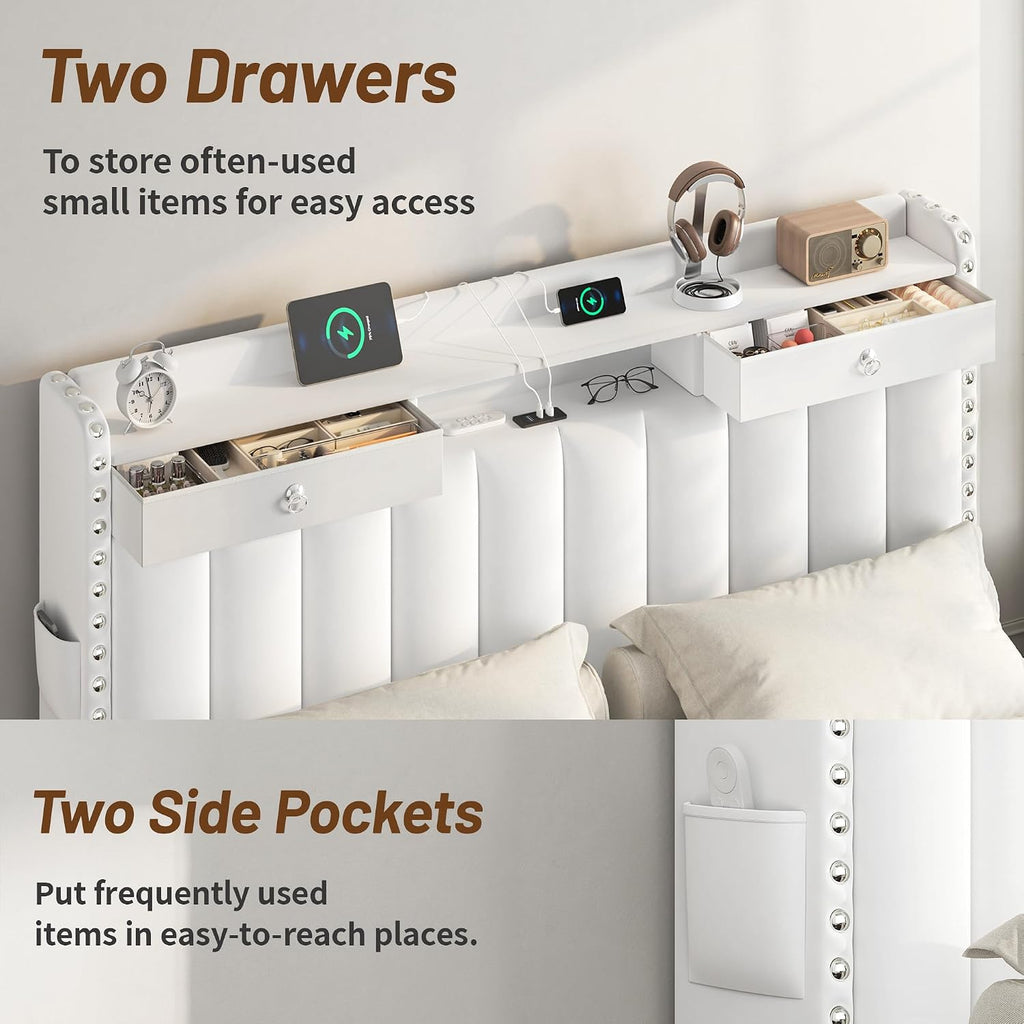 CypBed Full Size Upholstered Platform Bed Frame with Velvet & 2-Tier Storage Headboard, USB & Type-C Charging Ports, 4 Storage Drawers, Solid Wood Slats, No Box Spring Needed, No-Noise, White, Gifts