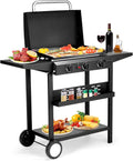 3 Burner Gas Griddle Cooking Station Cart with Side Shelves and Spice Rack, 30,000 BTU Propane Griddle, Non Stick Ceramic Coated Flat Top Portable Grill for Outdoor Barbecue and Backyard Cookout Black