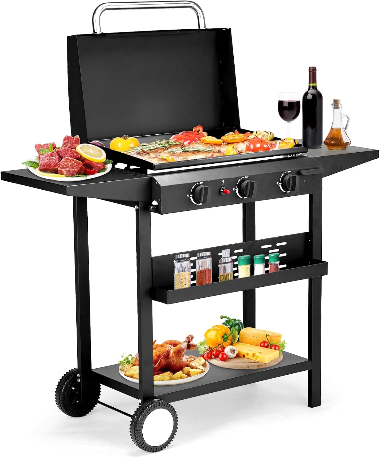 3-Burner Flat Top Gas Griddle Cooking Station with Ceramic Coated Cast Iron Pan, 30,000 BTU Propane Fuelled Griddle Station with Side Shelves & Spice Rack for Outdoor Barbecue Backyard Cookout