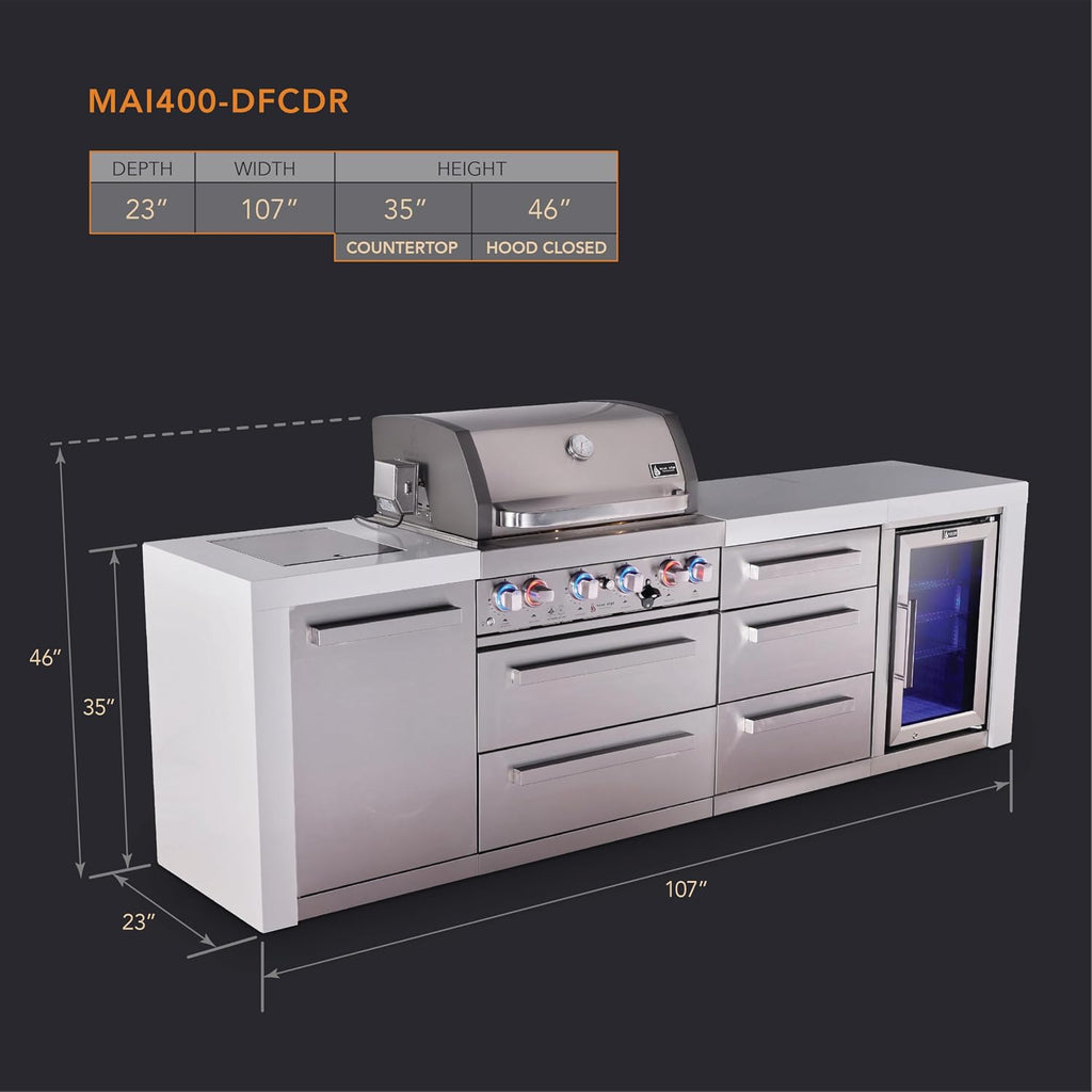 Mont Alpi 107'W x 23'D x 46'H Deluxe Stainless Steel Outdoor Kitchen Island with Refrigerator + 32'W 4-Burner BBQ Grill + Granite Countertops & Sides + Storage + Chopping Board + Rotisserie + Cover