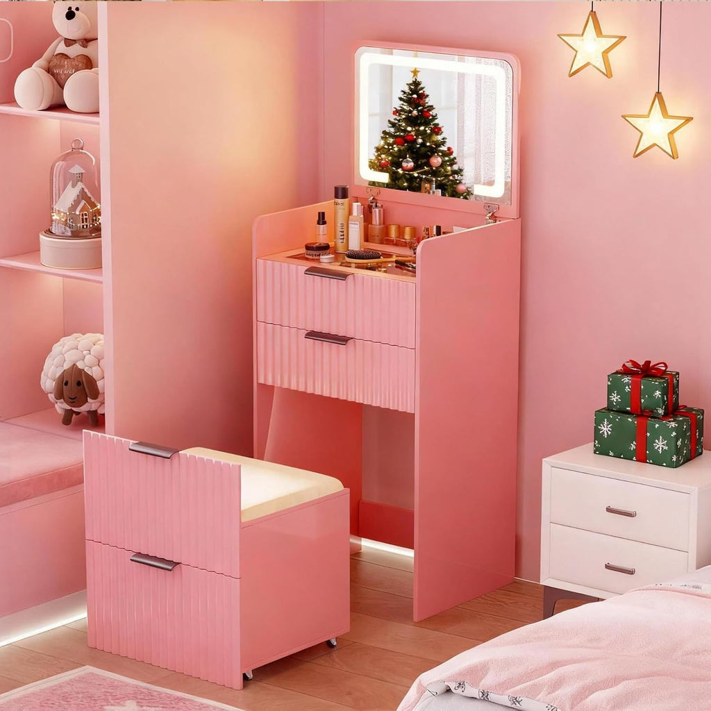 Lvifur 3 in 1 Small Vanity Desk with Plip Top Mirror,Makeup Vanity Set with Visible Glass Desktop,Compact Vanity with 3 Drawers,Storage Compartment and Padded Stool,Dressing Table for Bedroom,Pink