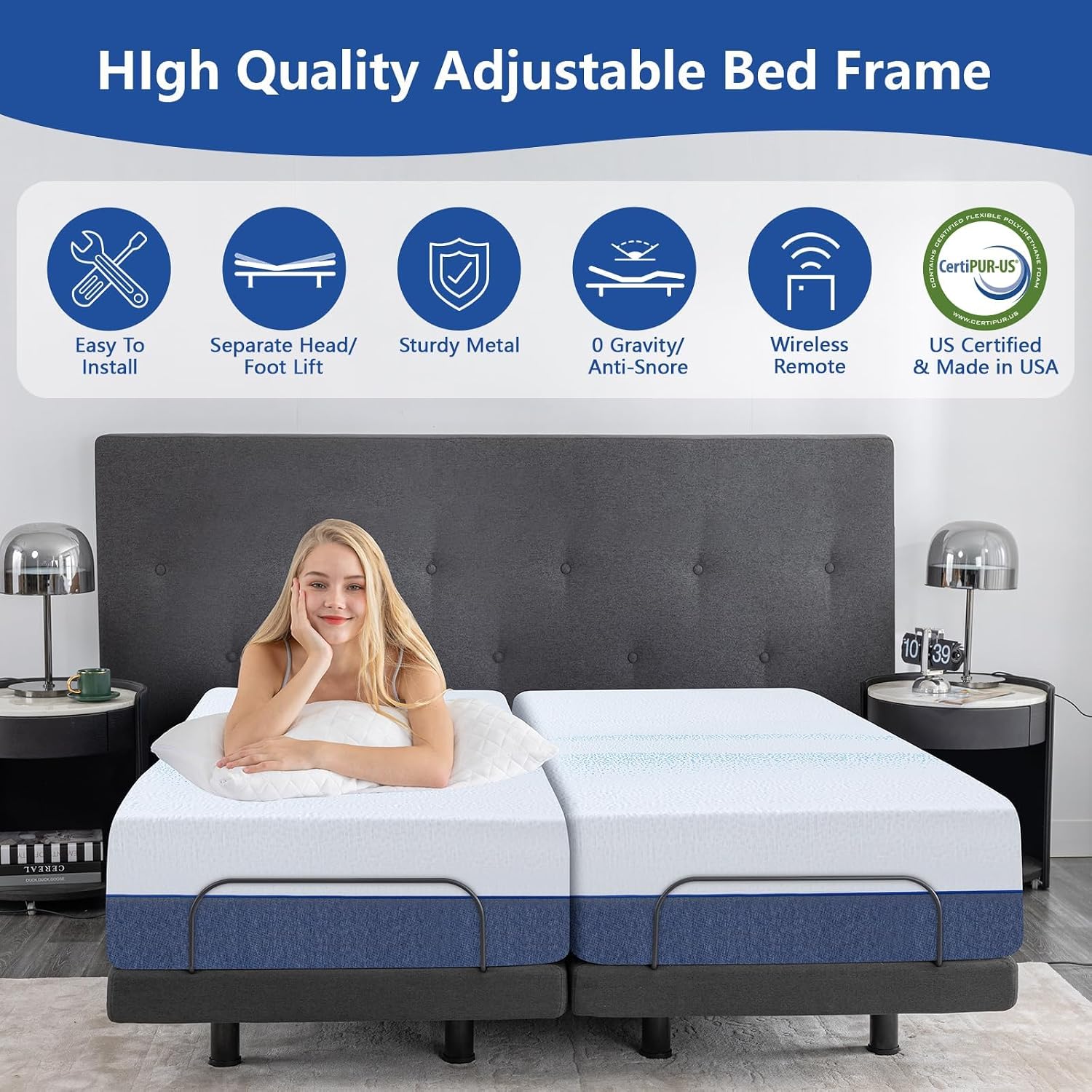 Queen Size Adjustable Bed Frame with Mattress,14 Inch Blue Gel Memory Foam Medium-Firm Mattress in Box, Adjustable with Adjustable leg height,Sturdy Metal,0 Gravity/Anti-Snore,Smart Electric Bed Frame